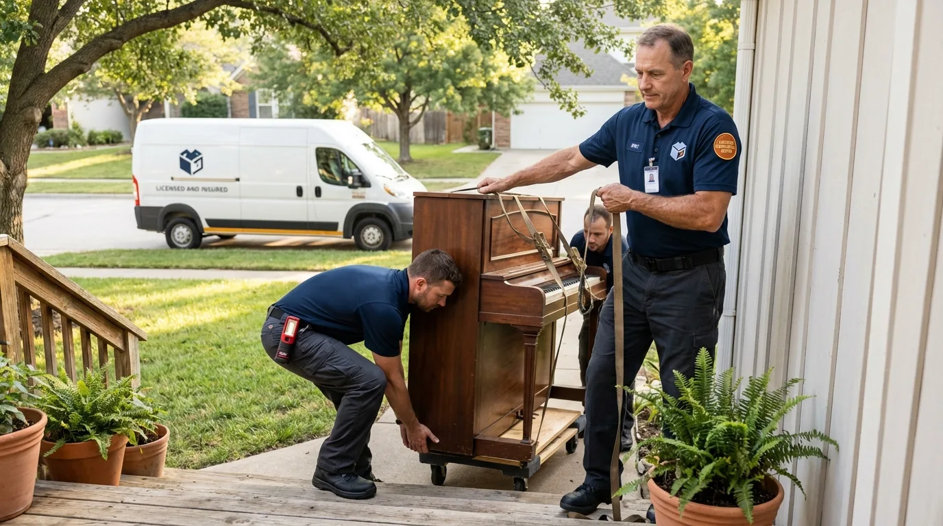 Licensed piano movers securing grand piano in Mount Airy, NC
