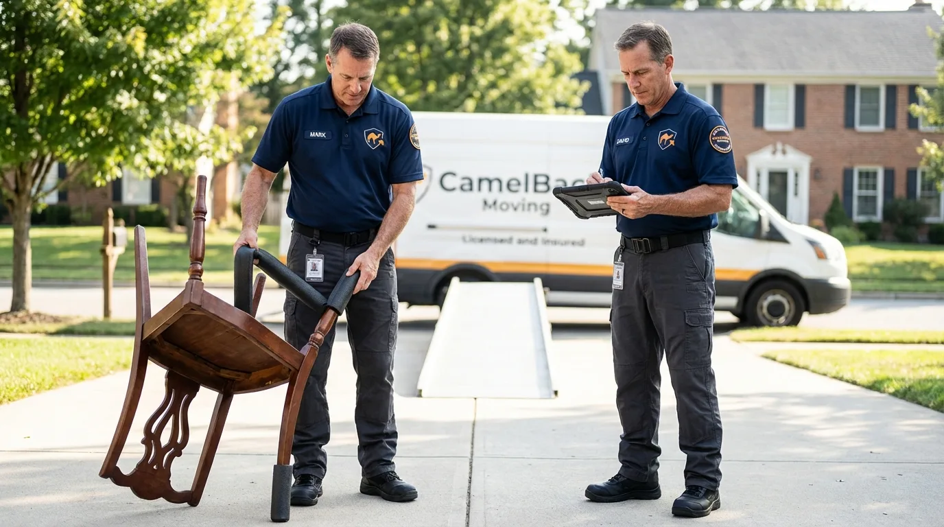 Movers inspecting furniture for damage prevention before loading in Mount Airy, NC